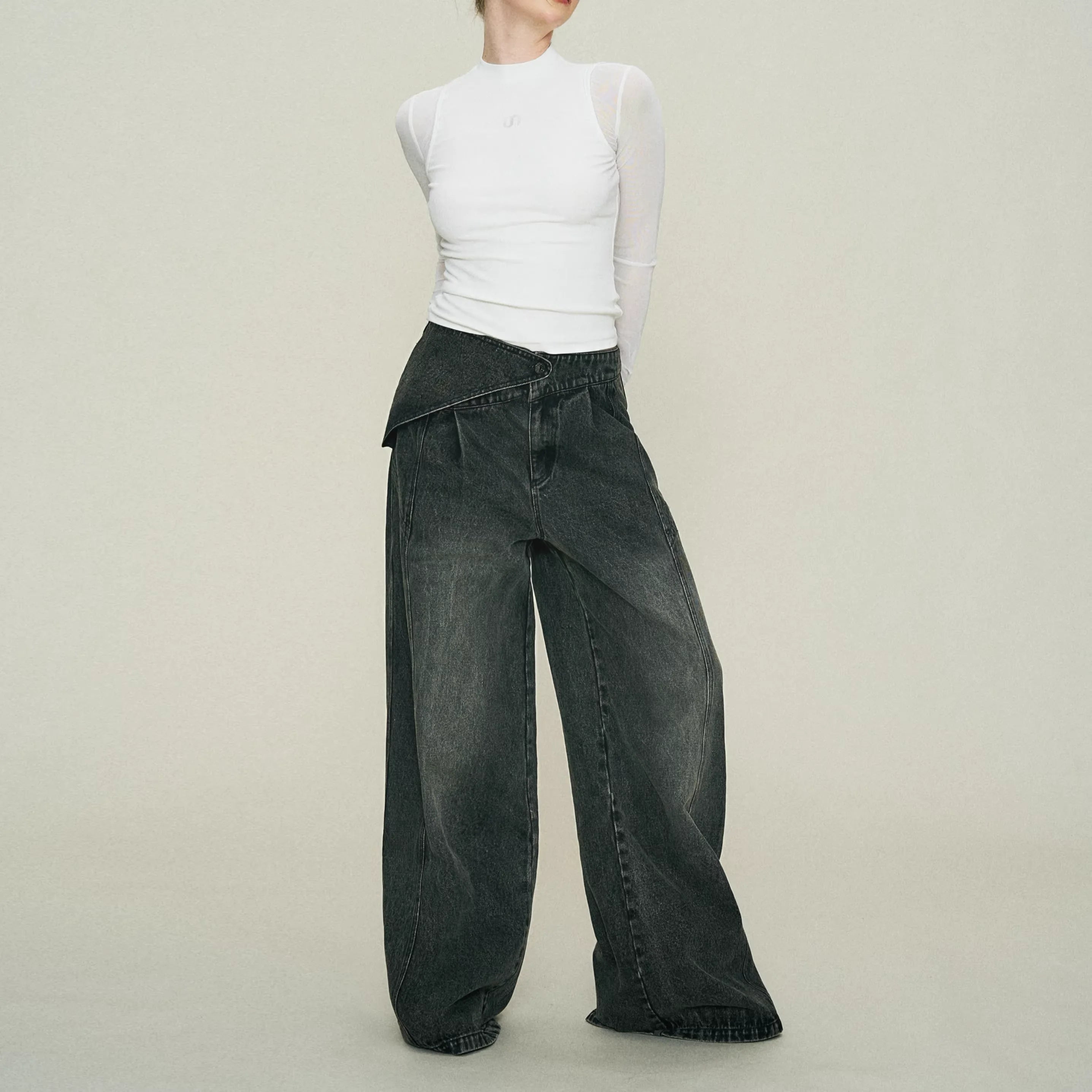 Amee Women's Distressed Asymmetrical Wide-Leg Jeans