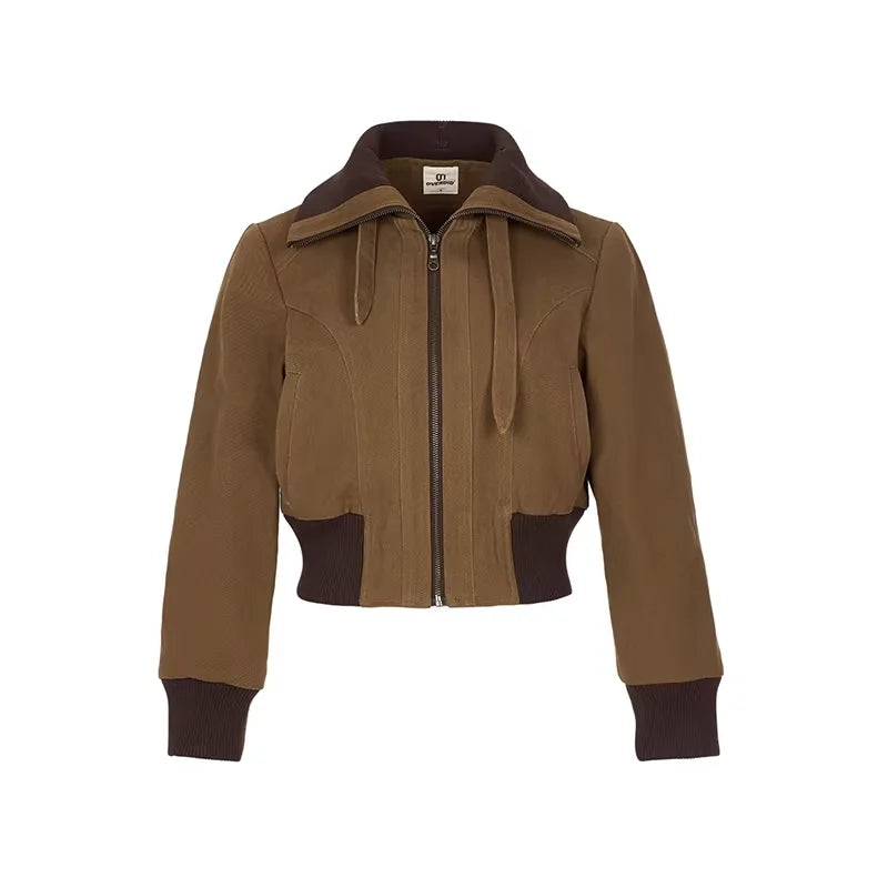 Amee Women's Patchwork Utility Jacket with Stand Collar and Cinched Waist