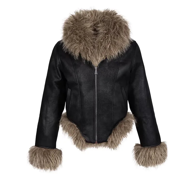 Amee Women's Vintage Shearling-Trimmed Suede PU Winter Coat