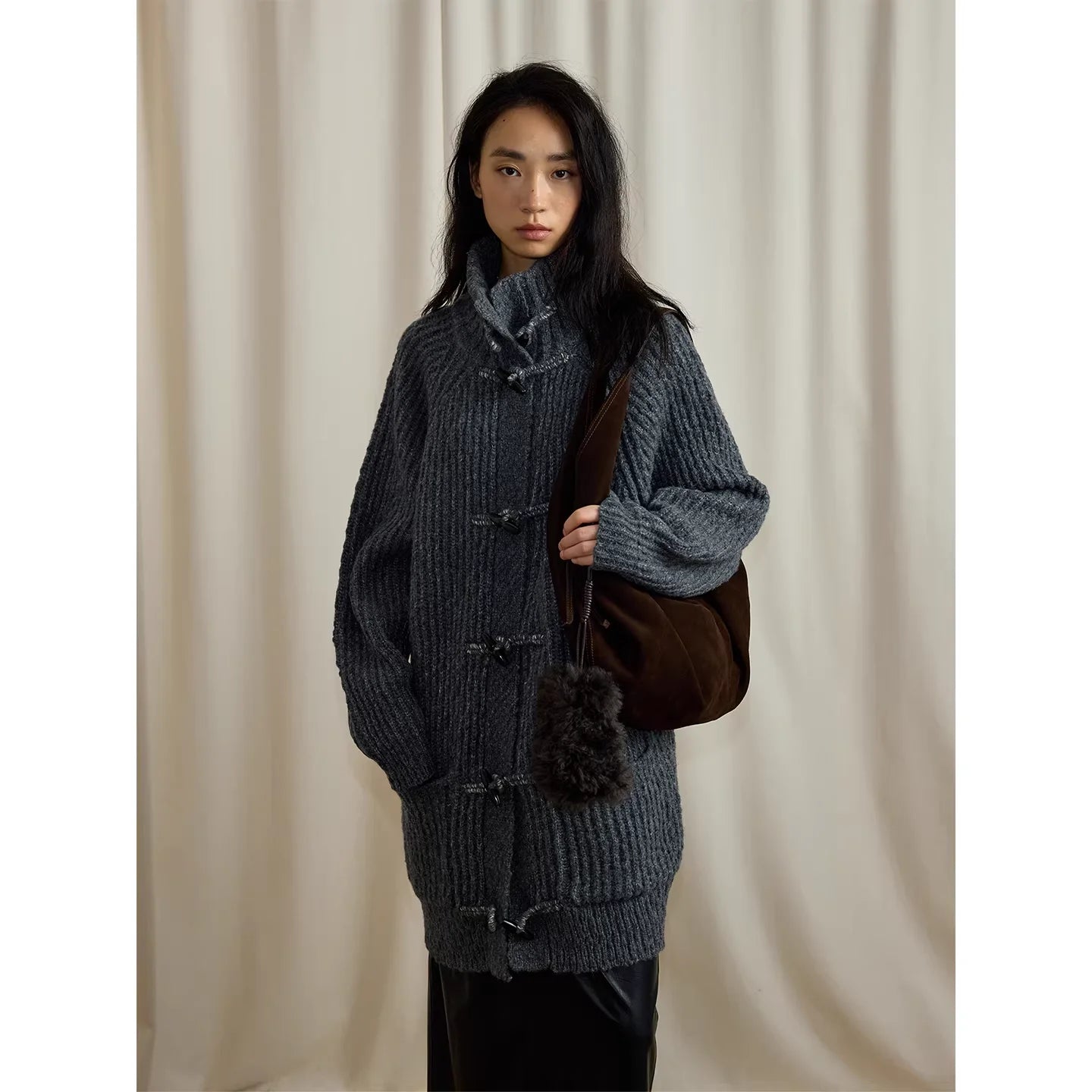 RandomPiece Women's Mid-Length Wool Blend Toggle Knit Coat