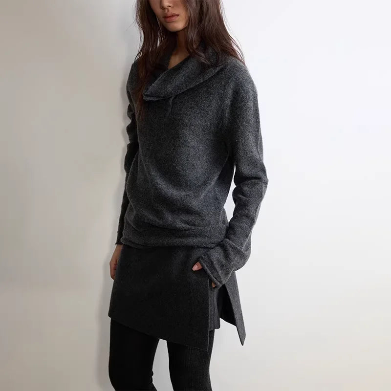 RandomPiece Wool-Silk Blend Oversized Sweater with Draped Button Neck
