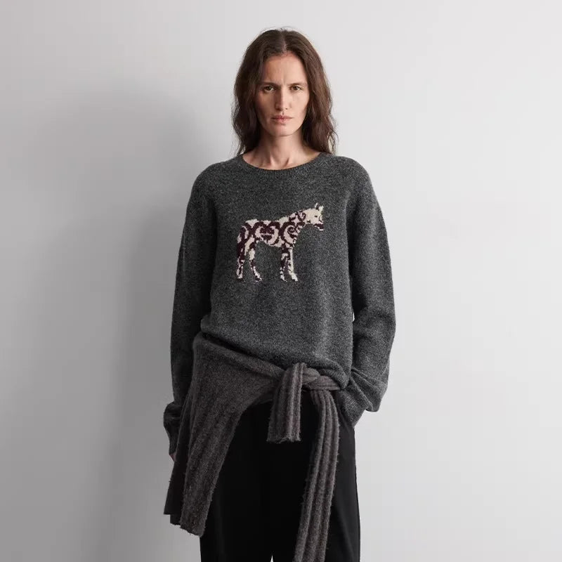 RandomPiece Wool Silk Blend Horse Pattern Knit Sweater