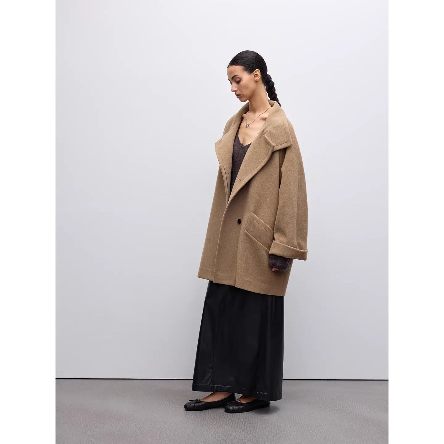 RandomPiece Oversized Alpaca Wool Blend Short Coat with Stand Collar and Wide Cuffs