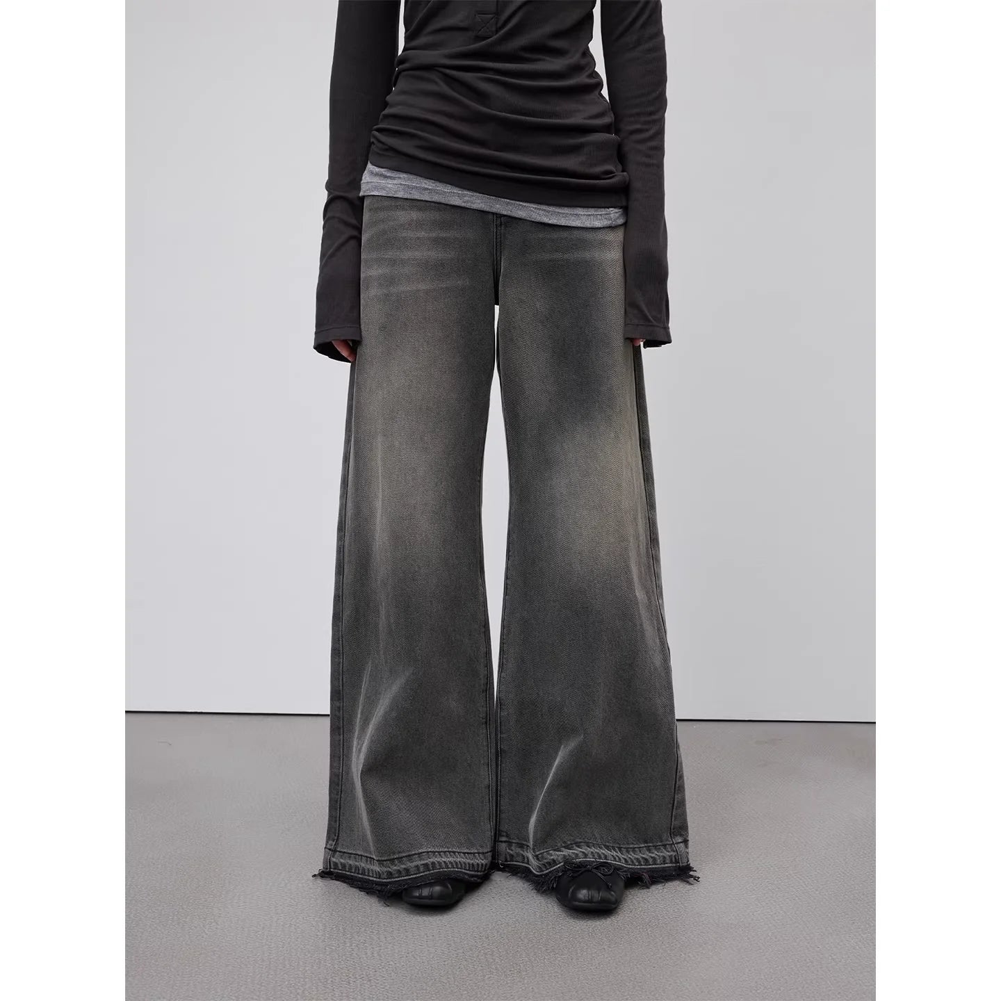 RandomPiece Raw Hem Flared Wide-Leg High-Waisted Jeans