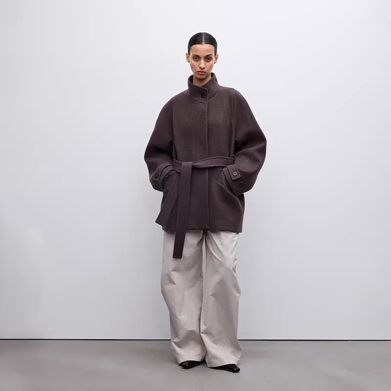 RandomPiece Winter Stand Collar Short Wool Coat with Curved Sleeves