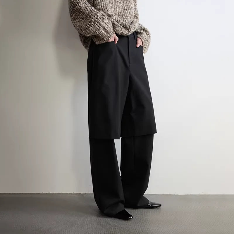 RandomPiece Women's Wool Blend Wide-Leg Trousers with Layered Faux Two-Piece Look