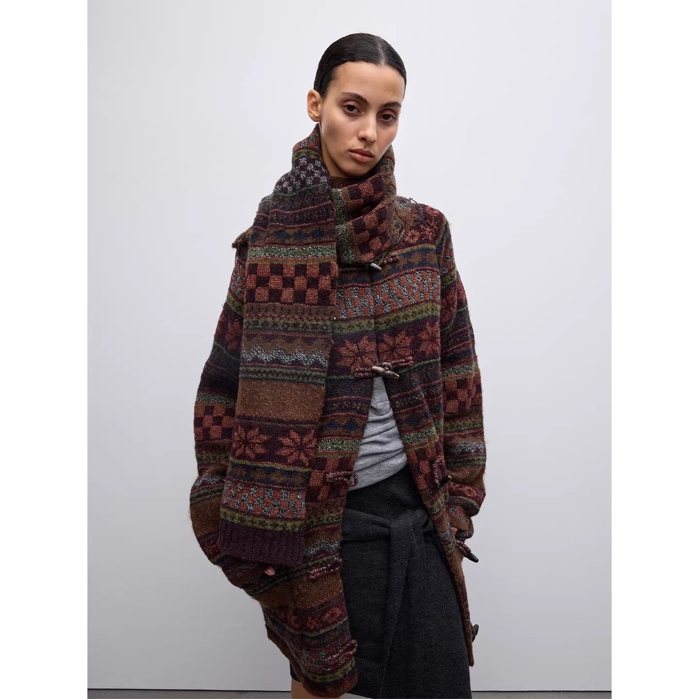 RandomPiece Fair Isle Wool Blend Knit Scarf with Fringe