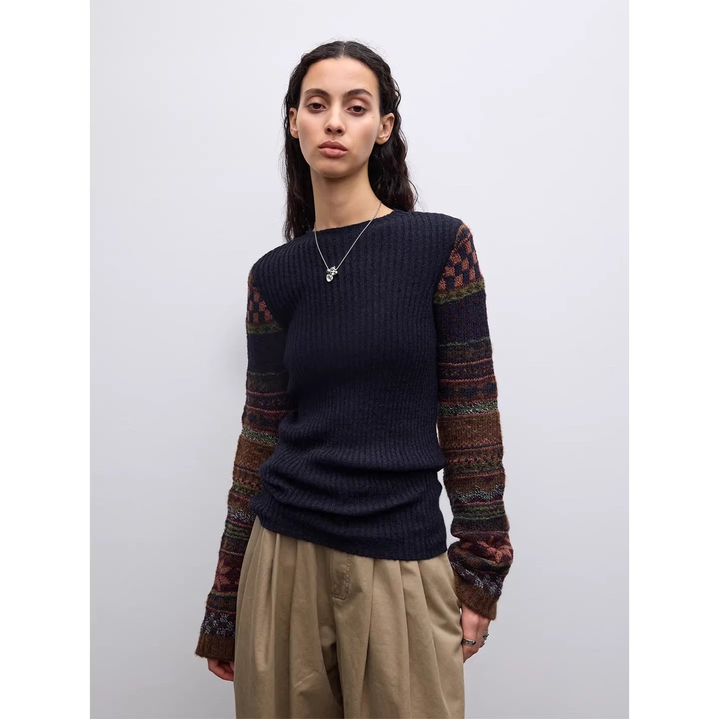 RandomPiece Alpaca Wool Blend Ribbed Sweater with Patterned Sleeves