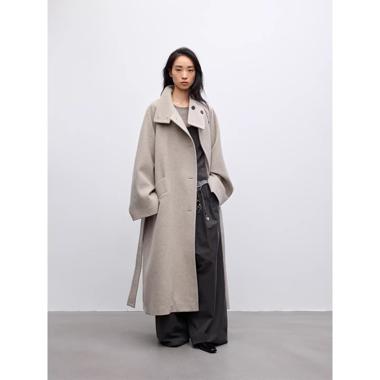 RandomPiece Oversized Alpaca Wool Blend Long Coat with Stand Collar and Wide Cuffs