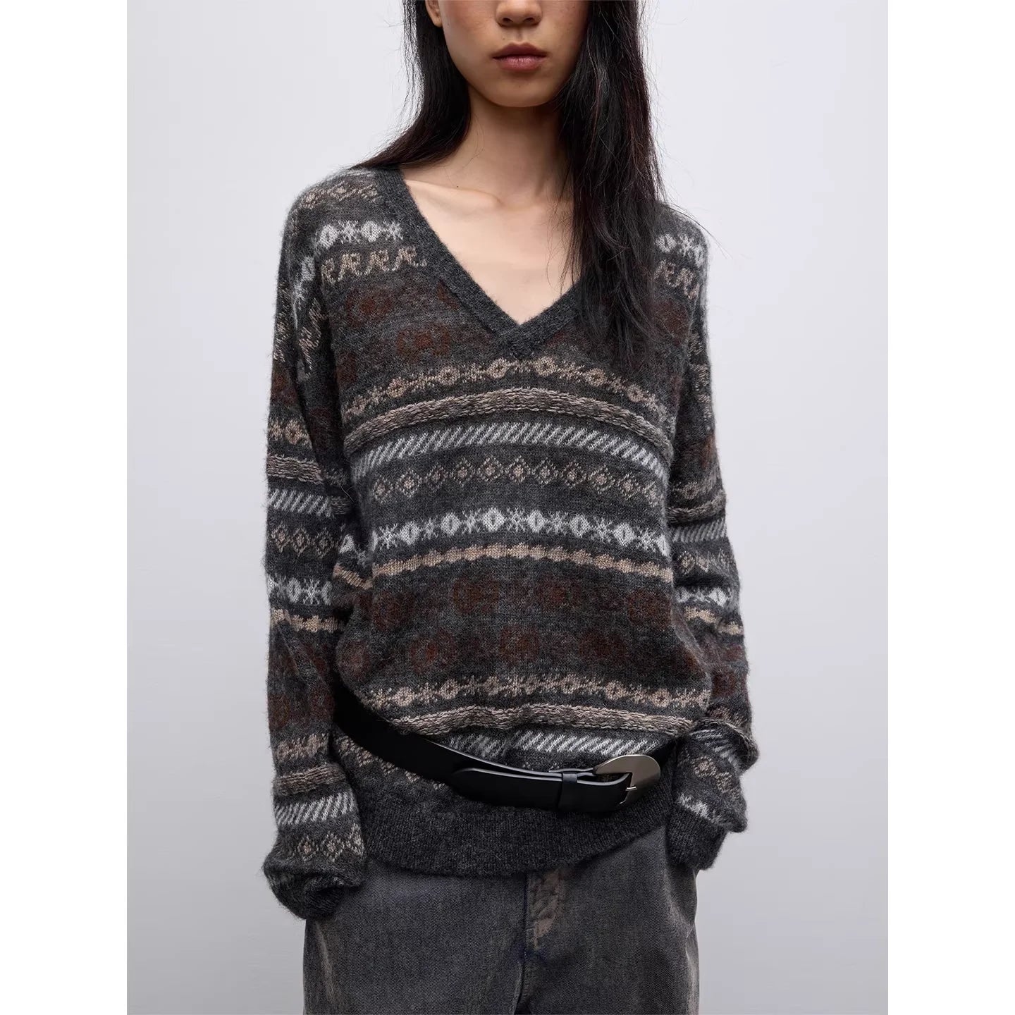 RandomPiece Wool-Camel Hair Fair Isle V-Neck Sweater