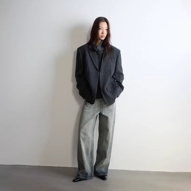 RandomPiece Women's Slim Fit Wool Blend One-Button Blazer