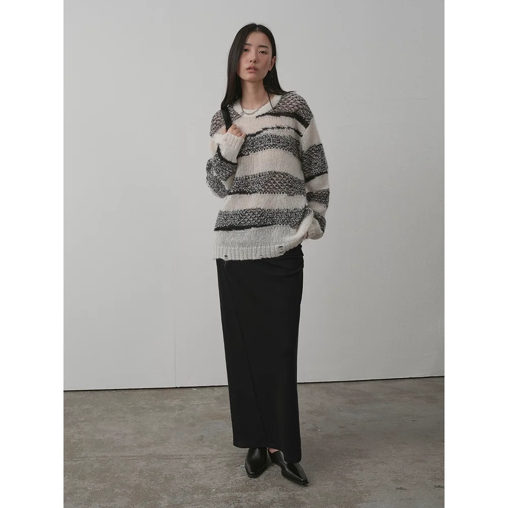 RandomPiece Striped Mohair Knit Sweater with Round Neck