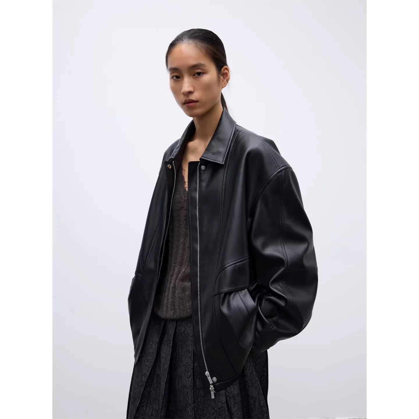 RandomPiece Oversized Matte Faux Leather Jacket with Lapel and Drop Shoulders