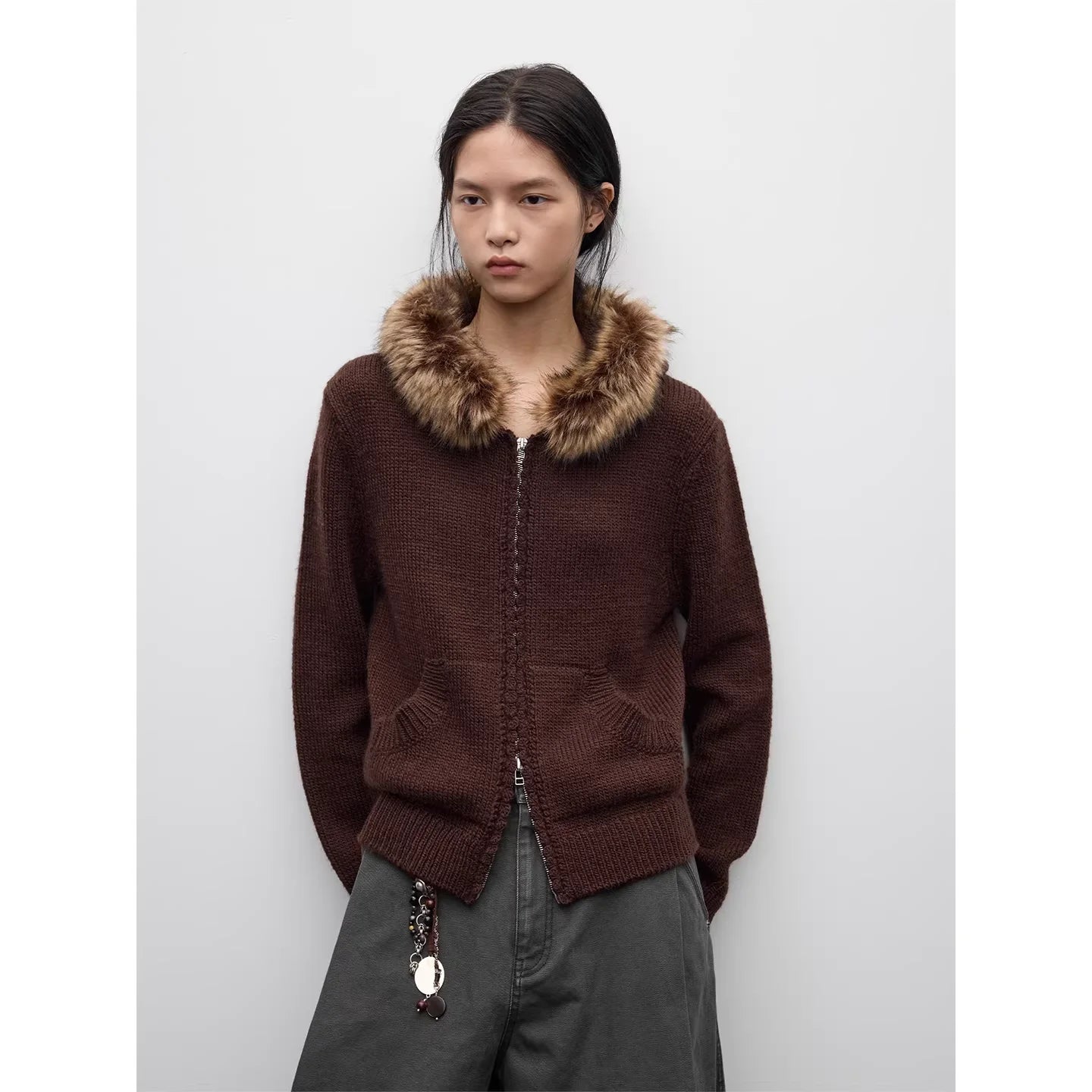 RandomPiece Women's Wool Blend Hooded Cardigan with Detachable Fur Collar