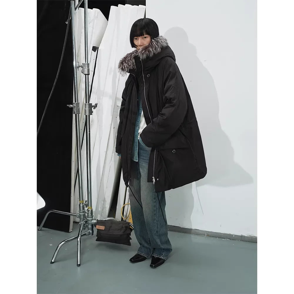 RandomPiece Detachable Faux Shearling Collar Down Parka Jacket