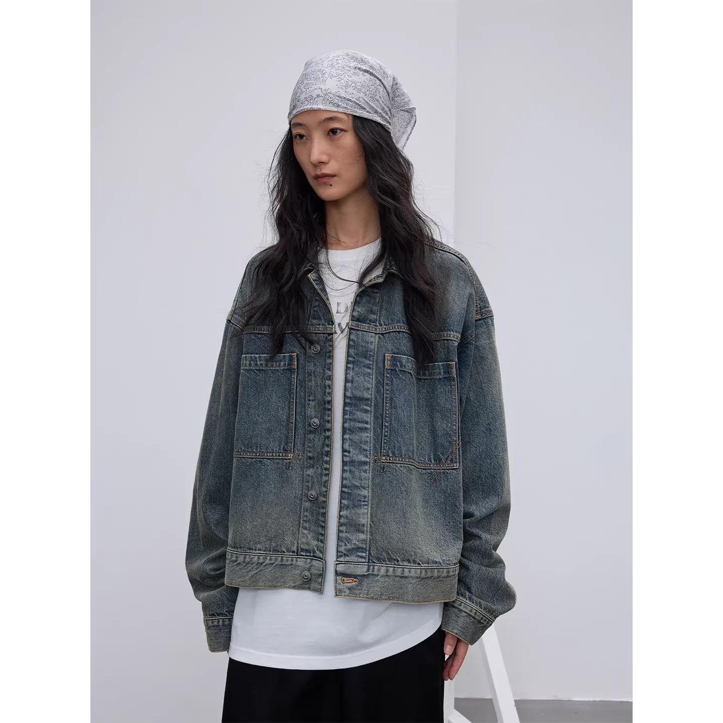 RandomPiece Vintage Washed Oversized Denim Jacket with Large Pockets