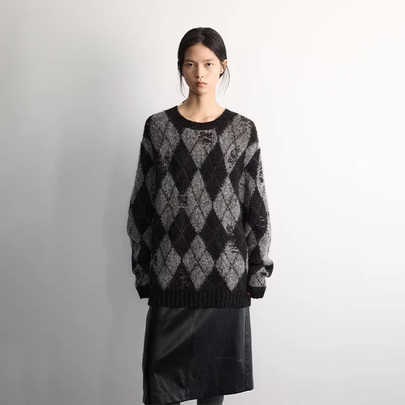 RandomPiece Distressed Argyle Alpaca Wool Blend Sweater