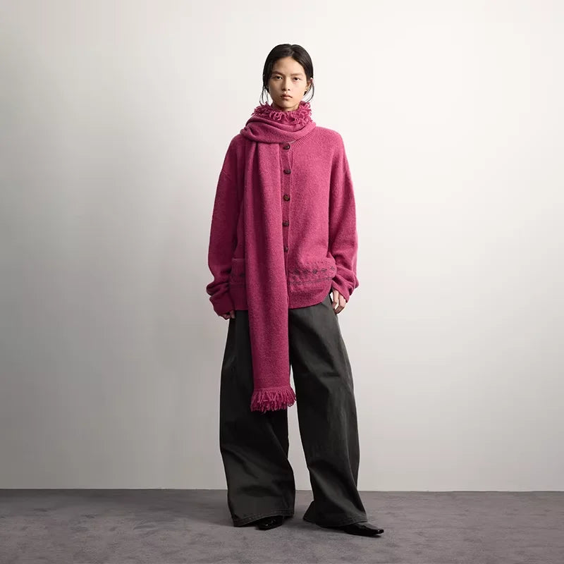 RandomPiece Alpaca Wool Blend Toggle Cardigan with Geometric Hem