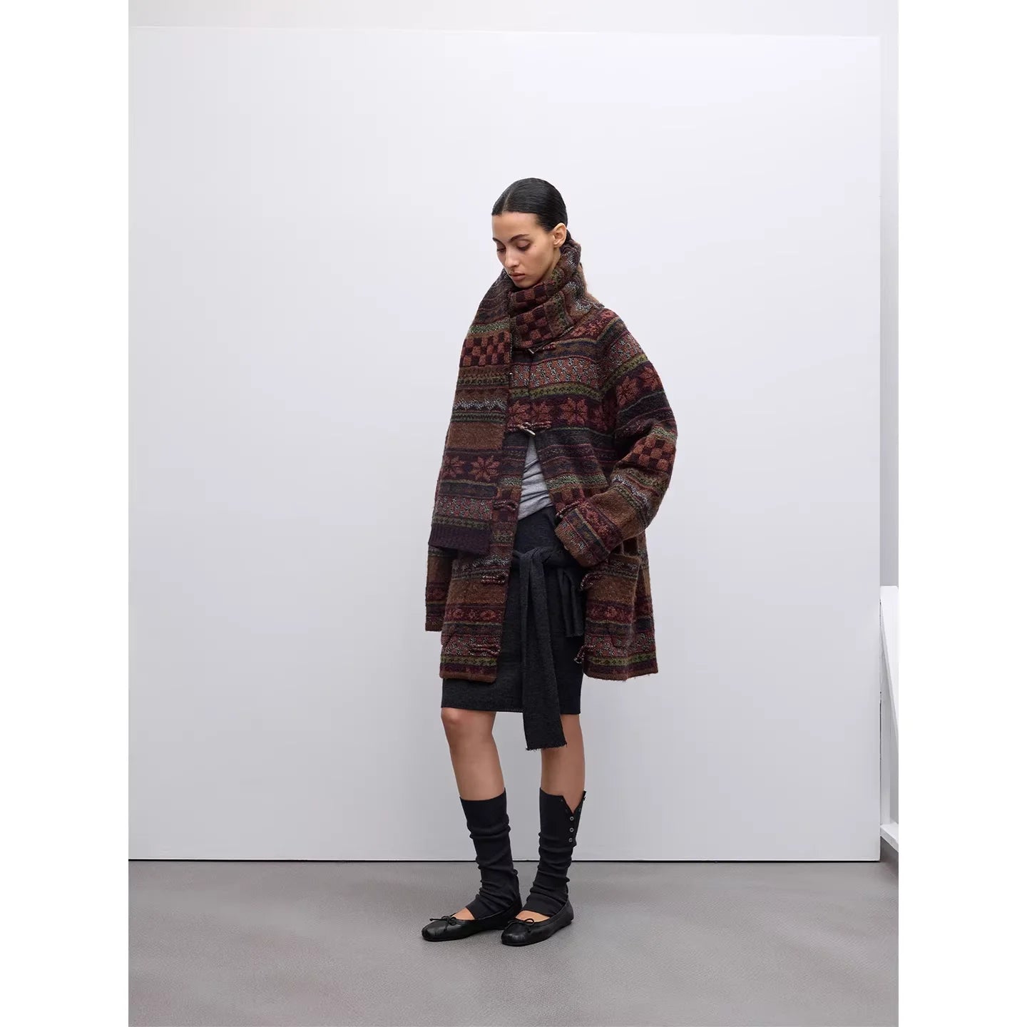 RandomPiece Wool Blend Fair Isle Knit Cardigan with Toggle Closure