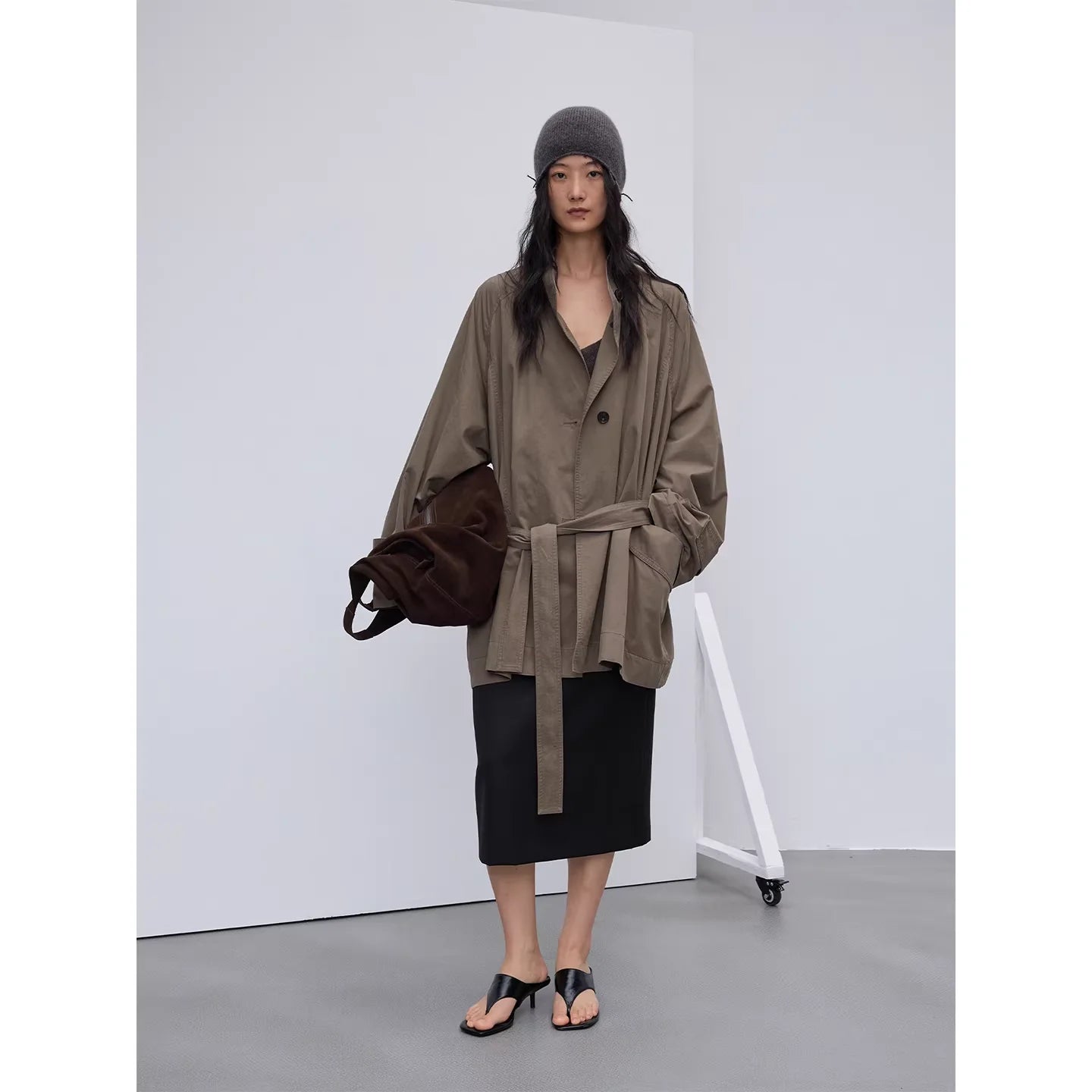 RandomPiece Oversized Enzyme Washed Stand Collar Trench Coat