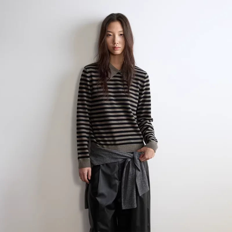RandomPiece Extra Fine Wool Striped Sweater with Asymmetrical Placket