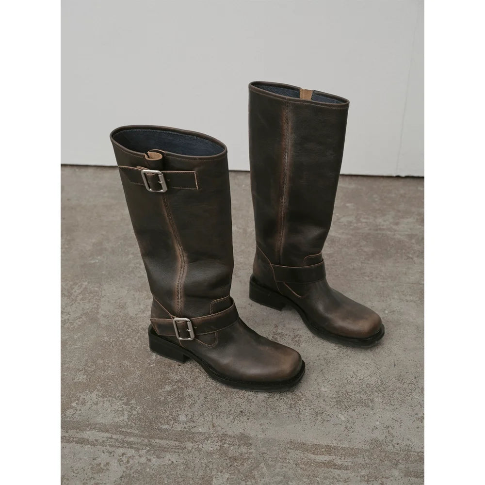 RandomPiece Men's Vintage Distressed Leather Mid-Calf Boots