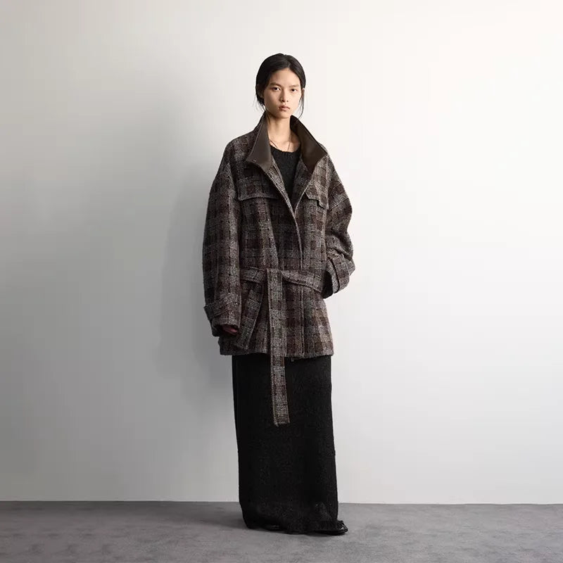 RandomPiece Wool Blend Contrast Collar Tweed Short Coat