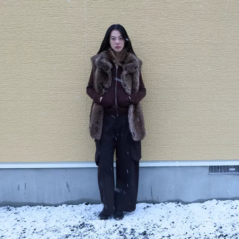 RandomPiece Reversible Faux Fur Mid-Length Vest with Stand Collar