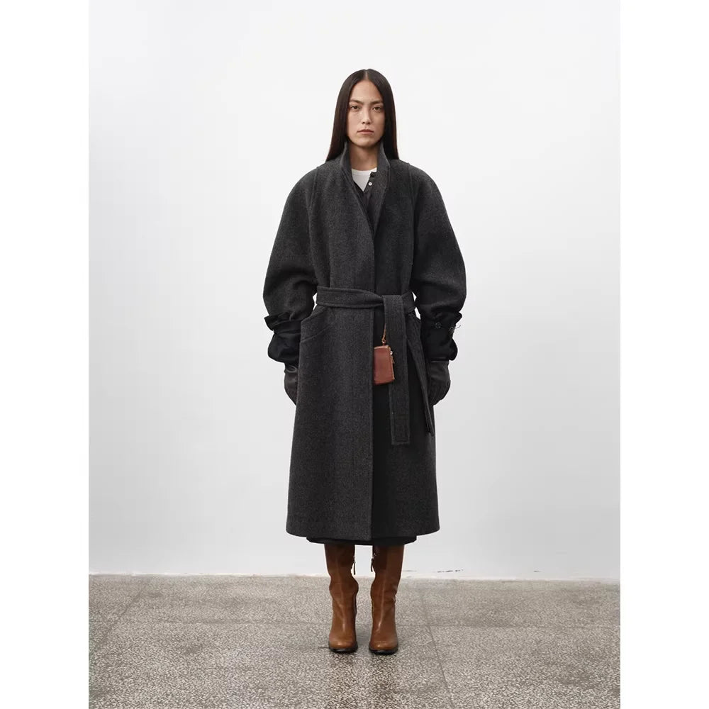 RandomPiece British Wool Stand Collar Long Oversized Coat