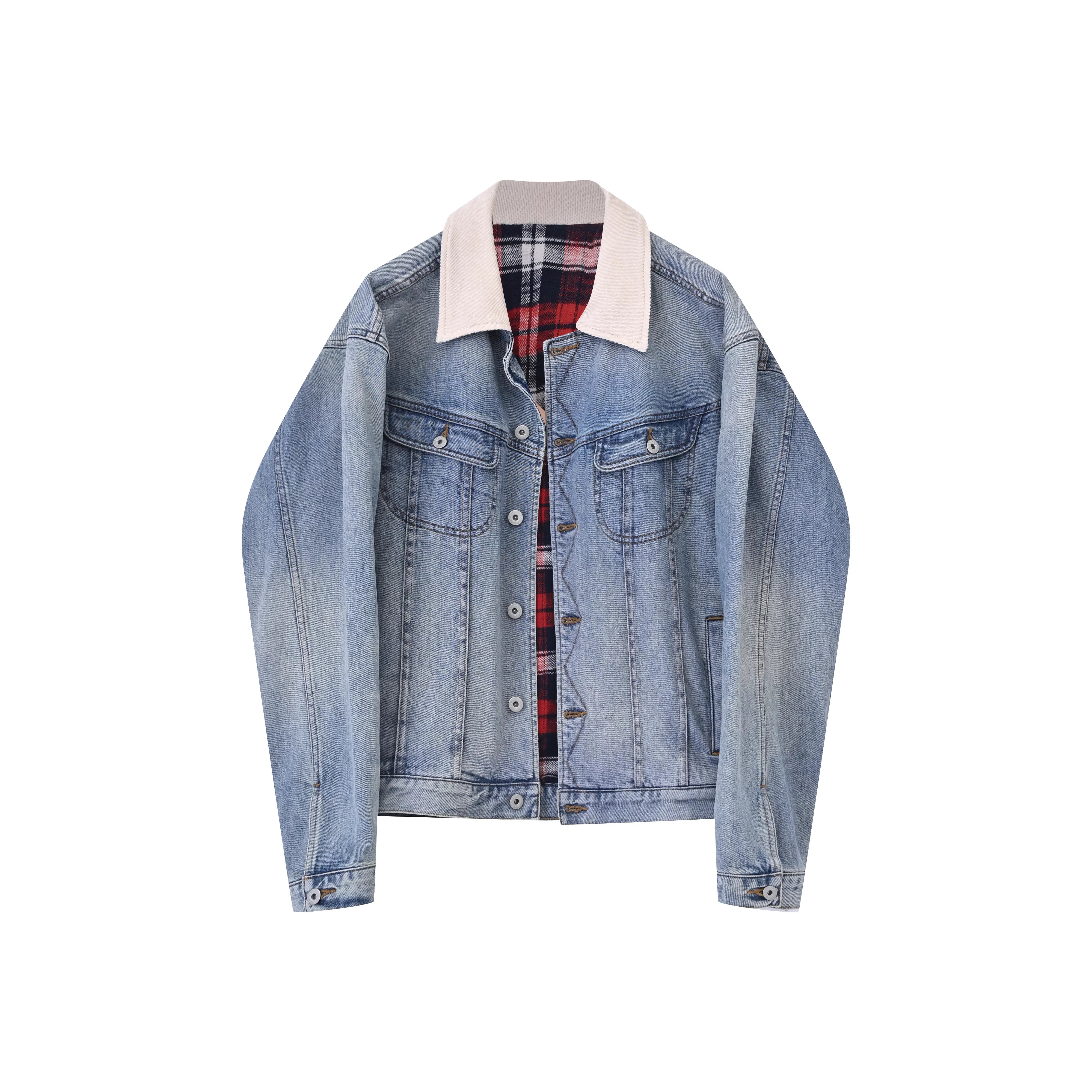 Roolrren homme Men's Plaid Lined Corduroy Collar Denim Jacket