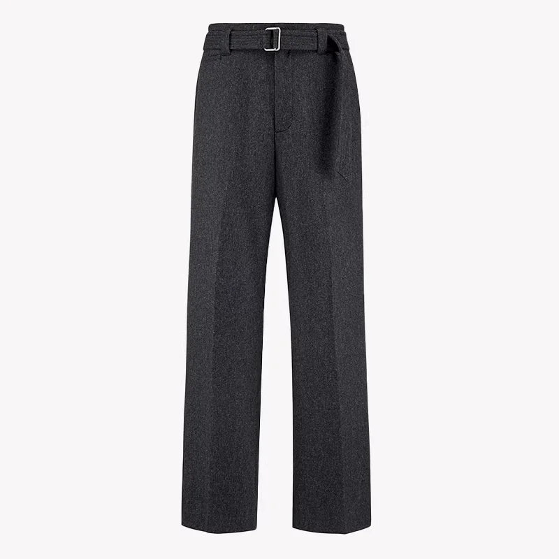 ROYA Heather Grey Merino Wool Wide-Leg Belted Trousers