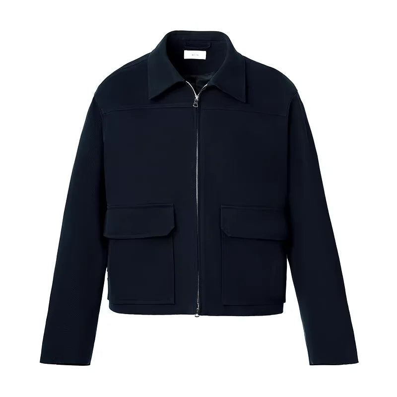 ROYA Navy Boxy Fit Cotton Twill Jacket with Flap Pockets and Double Zipper