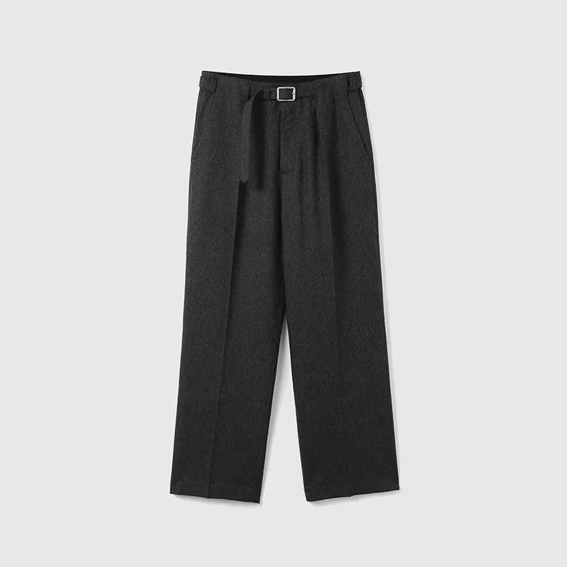 ROYA Women's Dark Heather Gray Wool Pleated Trousers with Belt