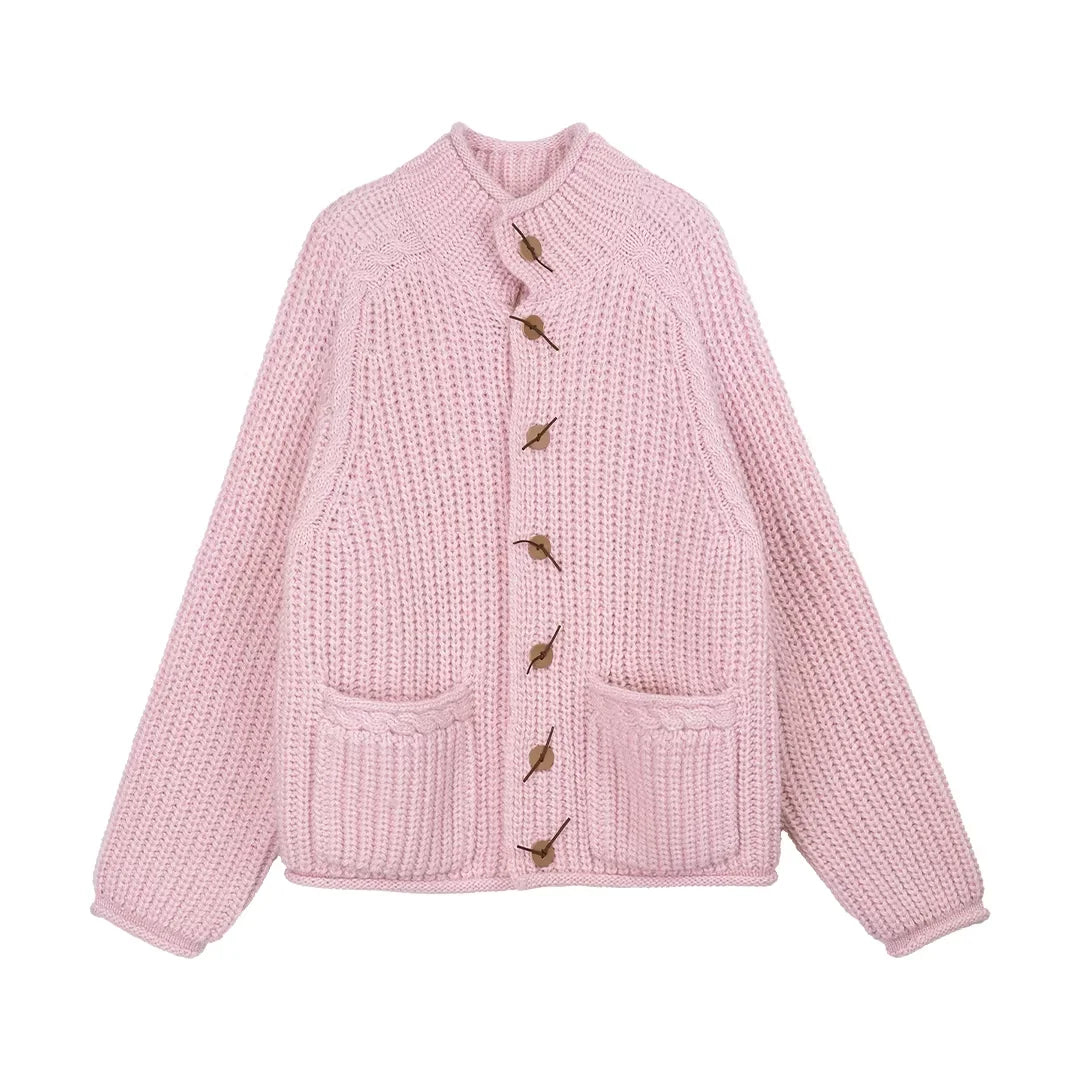 Simple Project Chunky Knit High-Neck Cardigan with Wooden Buttons