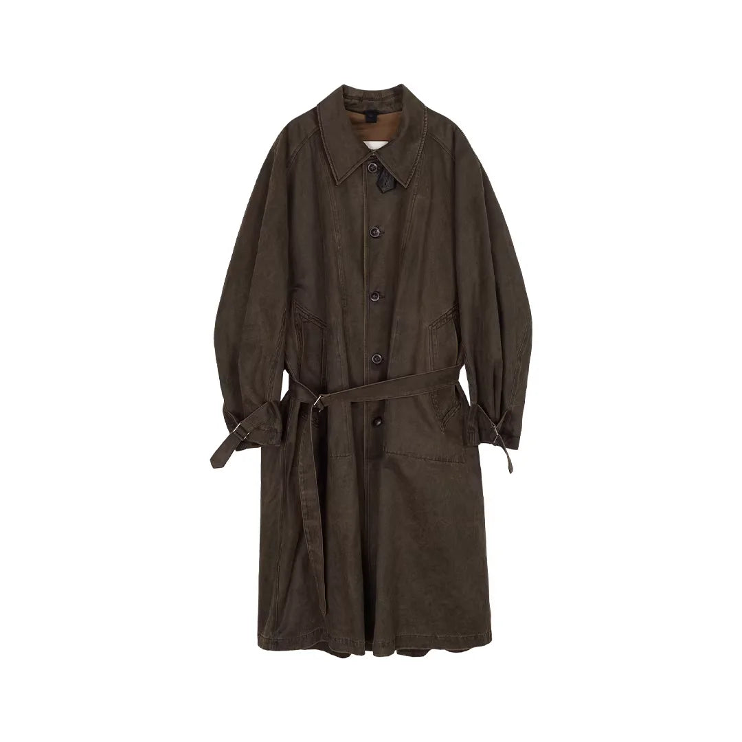 Simple Project Washed Oil-Wax Pleated Trench Coat