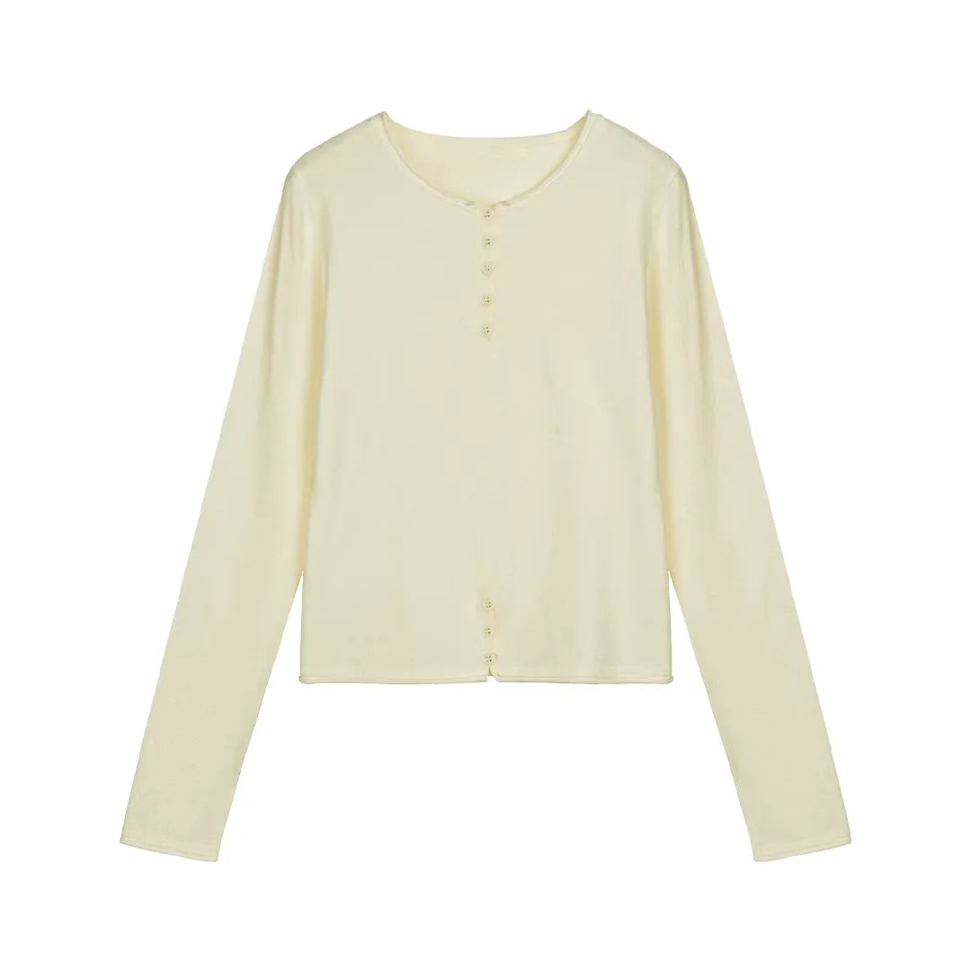 Simple Project Buttoned Fitted Knit Top with Rolled Edges