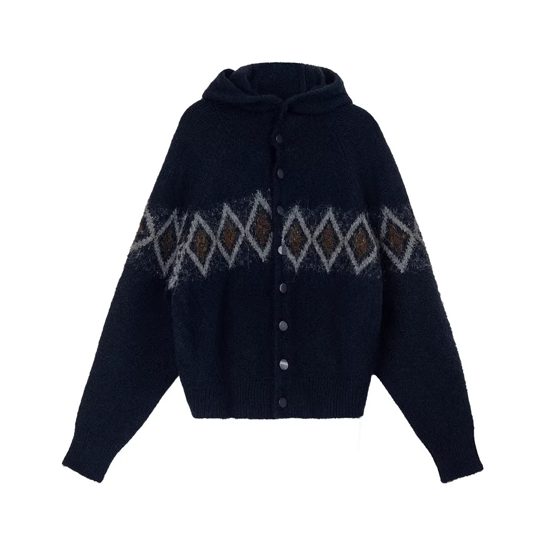 Simple Project Hooded Jacquard Sweater with Diamond Pattern
