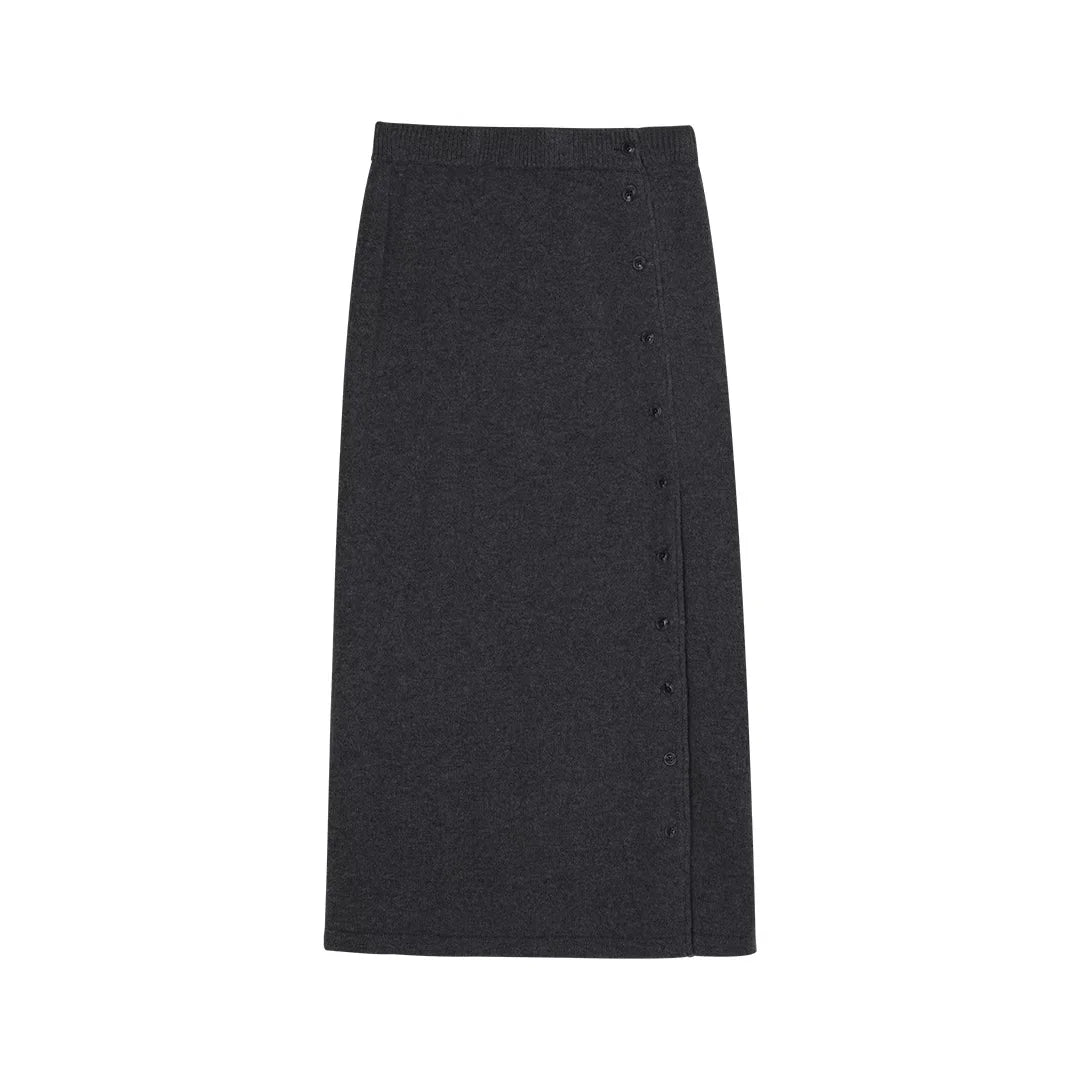 Simple Project Women's Wool Knit Midi Skirt with Side Button and Slit