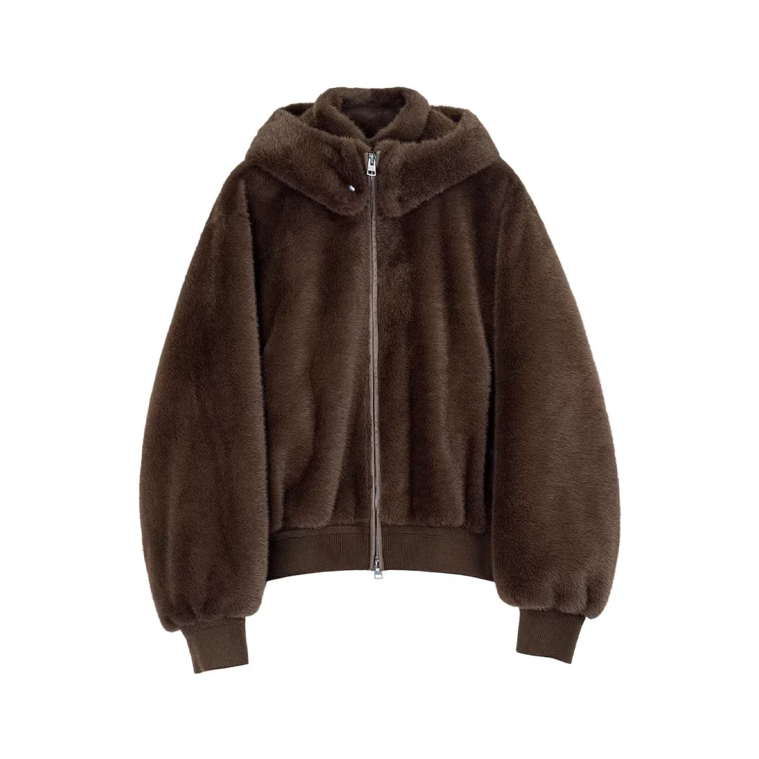 Simple Project Eco-Friendly Faux Fur Hooded Coat with Detachable Hood