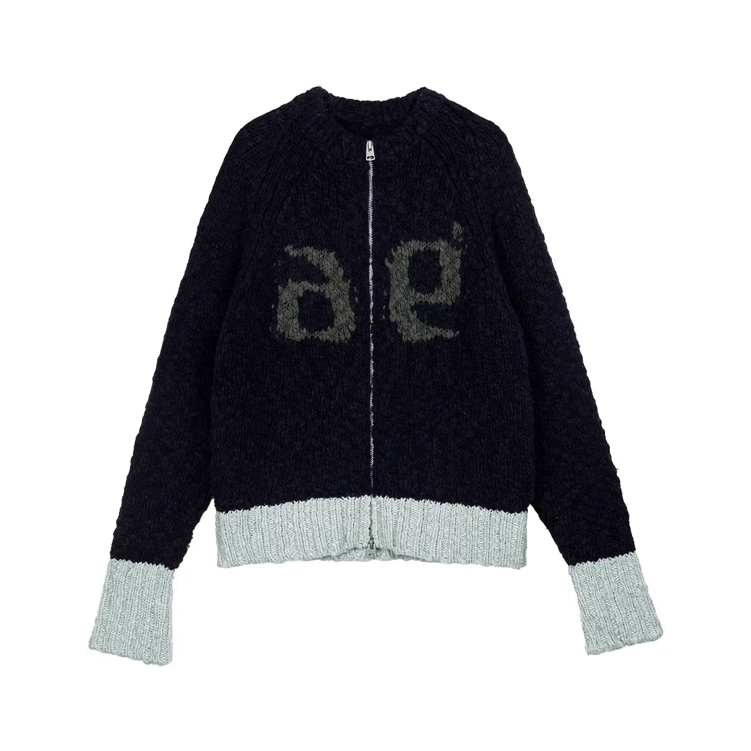 Simple Project Colorblock Wool Zip-Up Cardigan with Graphic Detail