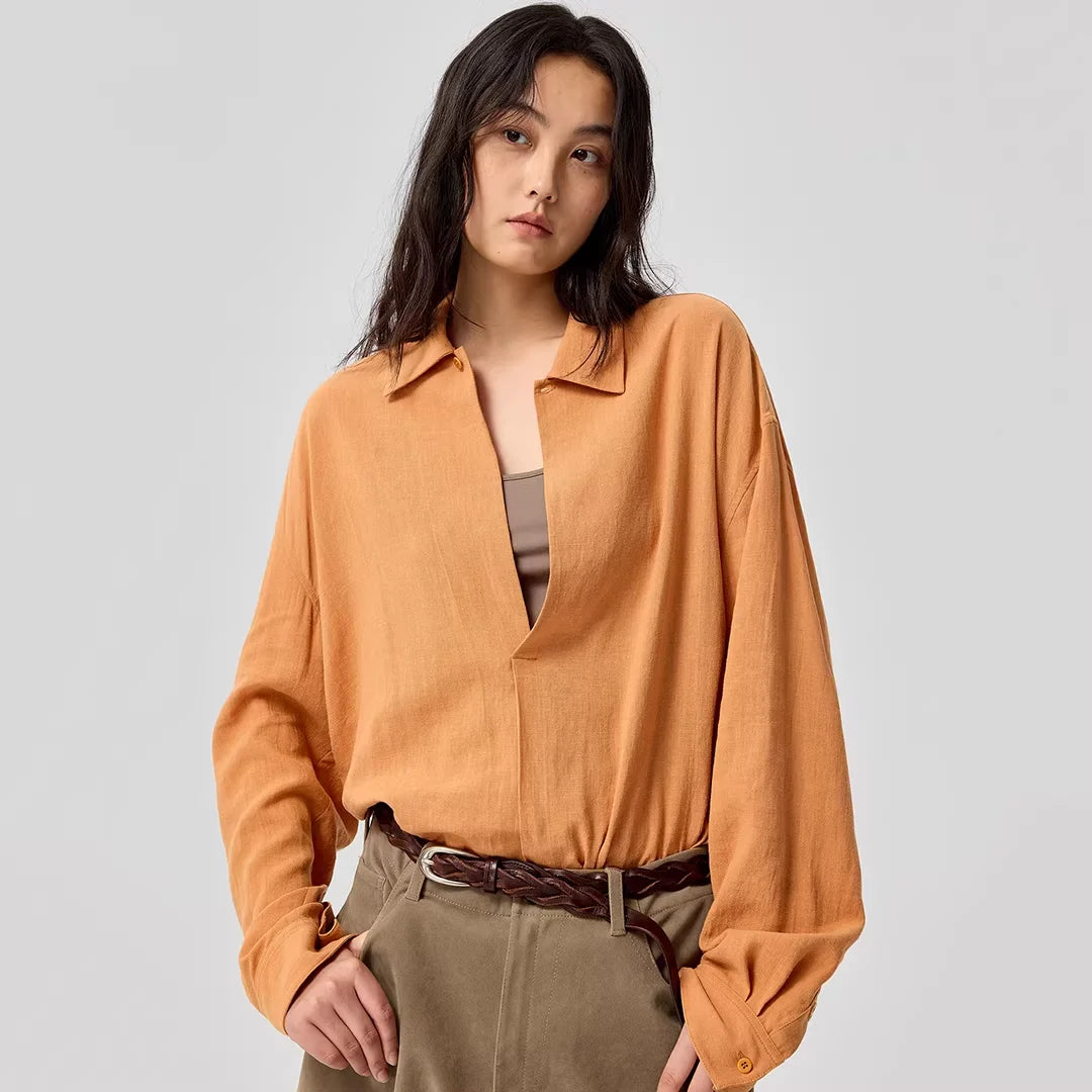 Simple Project Pleated V-Neck Ramie Blouse