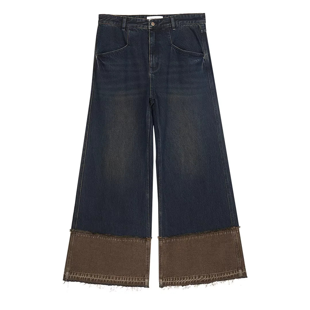 Simple Project Brown-Blue Wide Leg Frayed Hem Denim Pants
