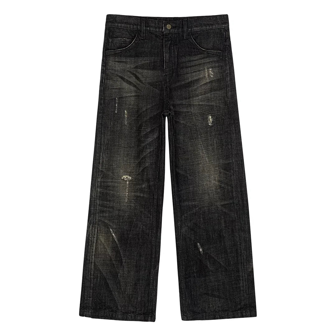 Simple Project Washed Black Distressed Wide-Leg Jeans