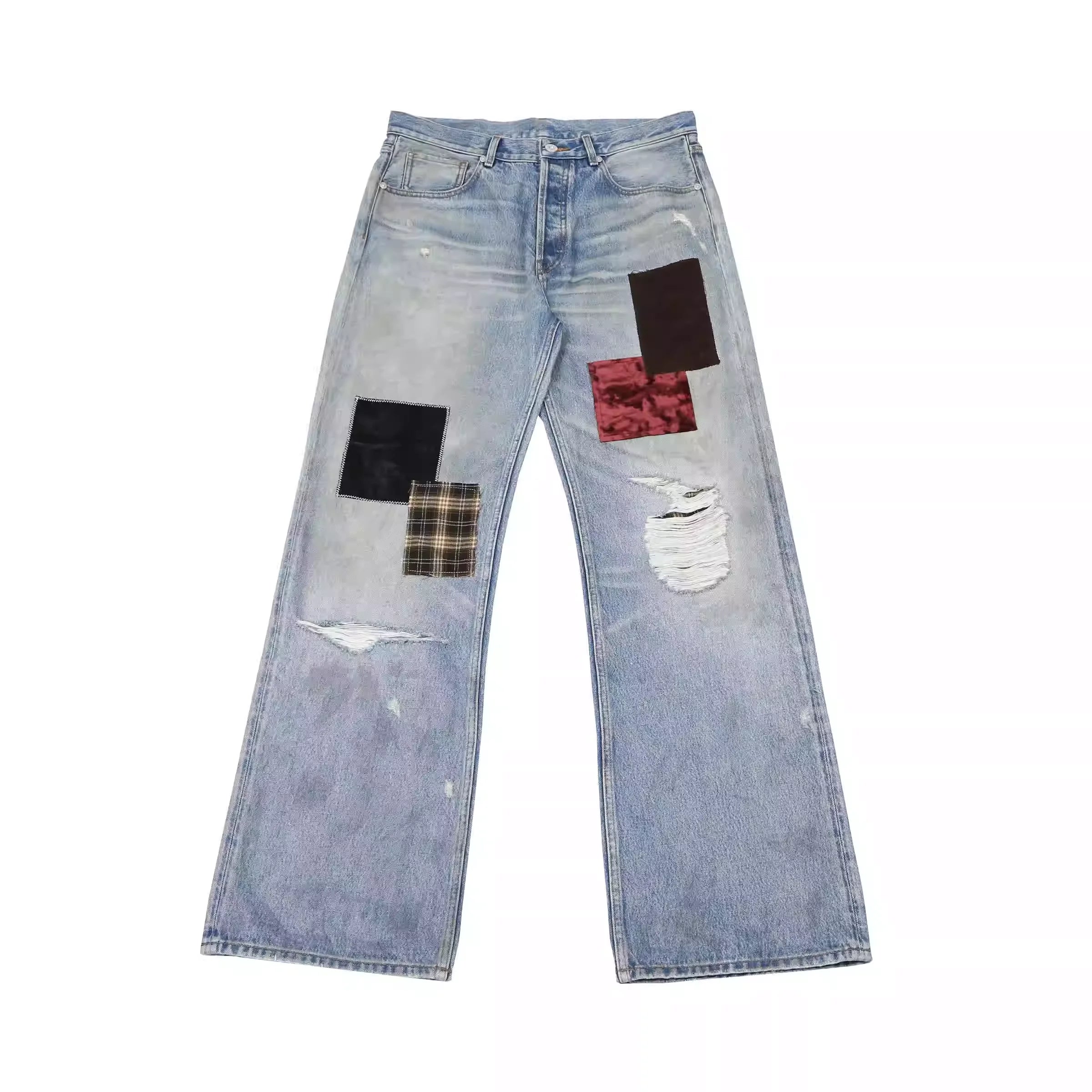 SOD Online Store Men's Distressed Patchwork Flared Denim Jeans