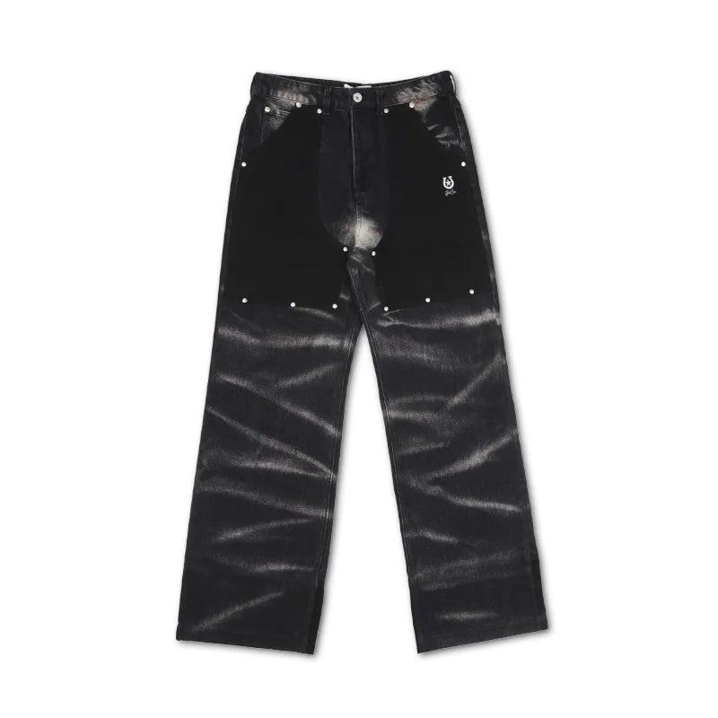 SOD Online Store Black Vintage Washed Flared Jeans with Studded Panels