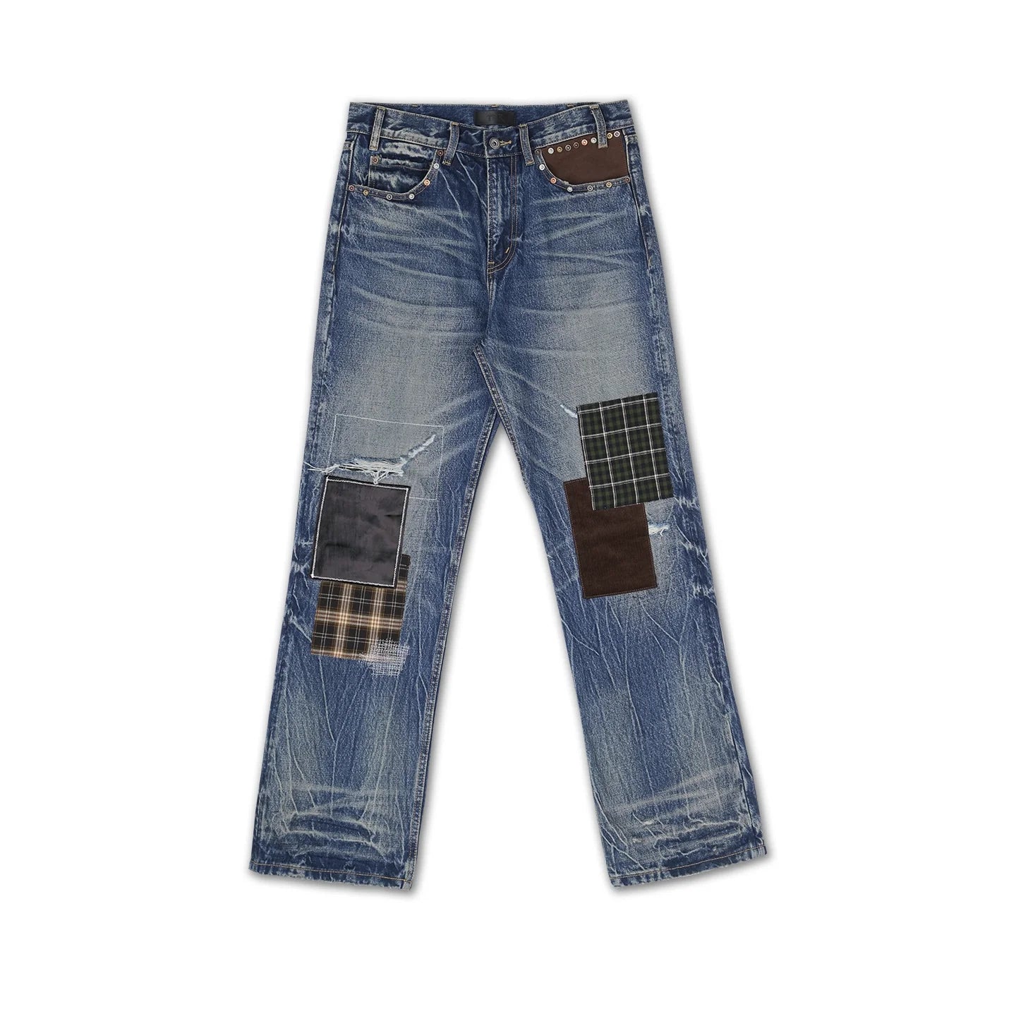 SOD Online Store Men's Blue Distressed Patchwork Jeans