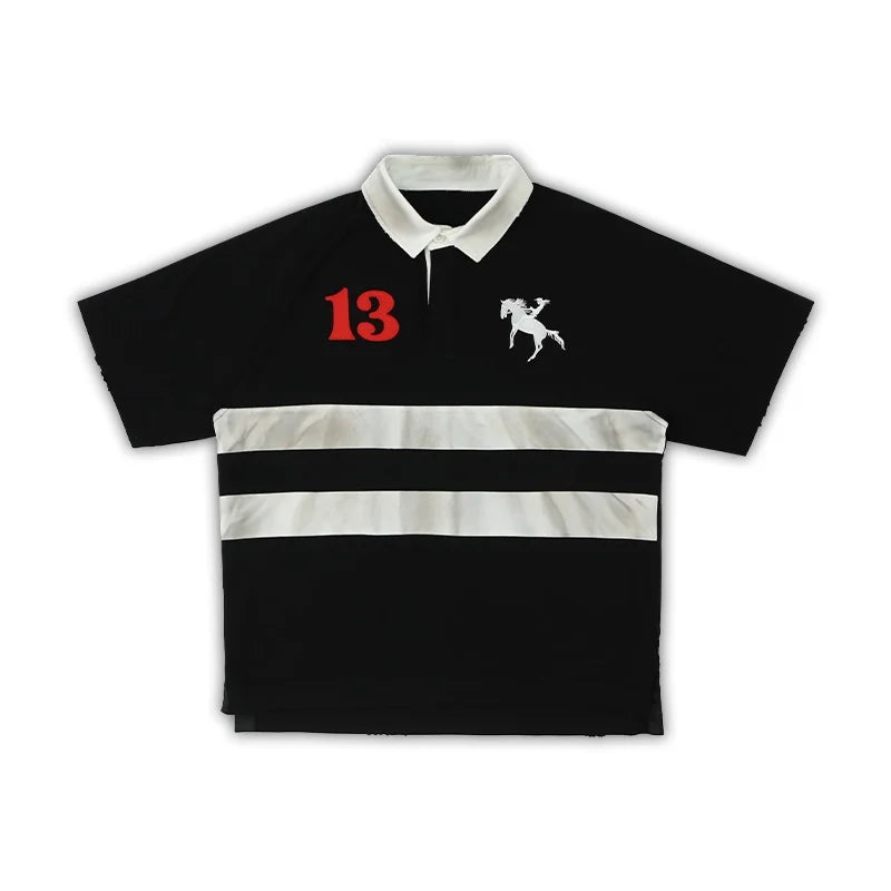 SOD Online Store Men's Black Rugby Polo Shirt with Colorblock Stripes and Embroidery