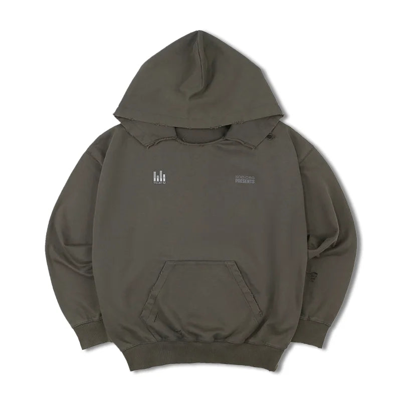 SOD Online Store Oversized Gray-Green Distressed Hoodie with Drop Shoulders