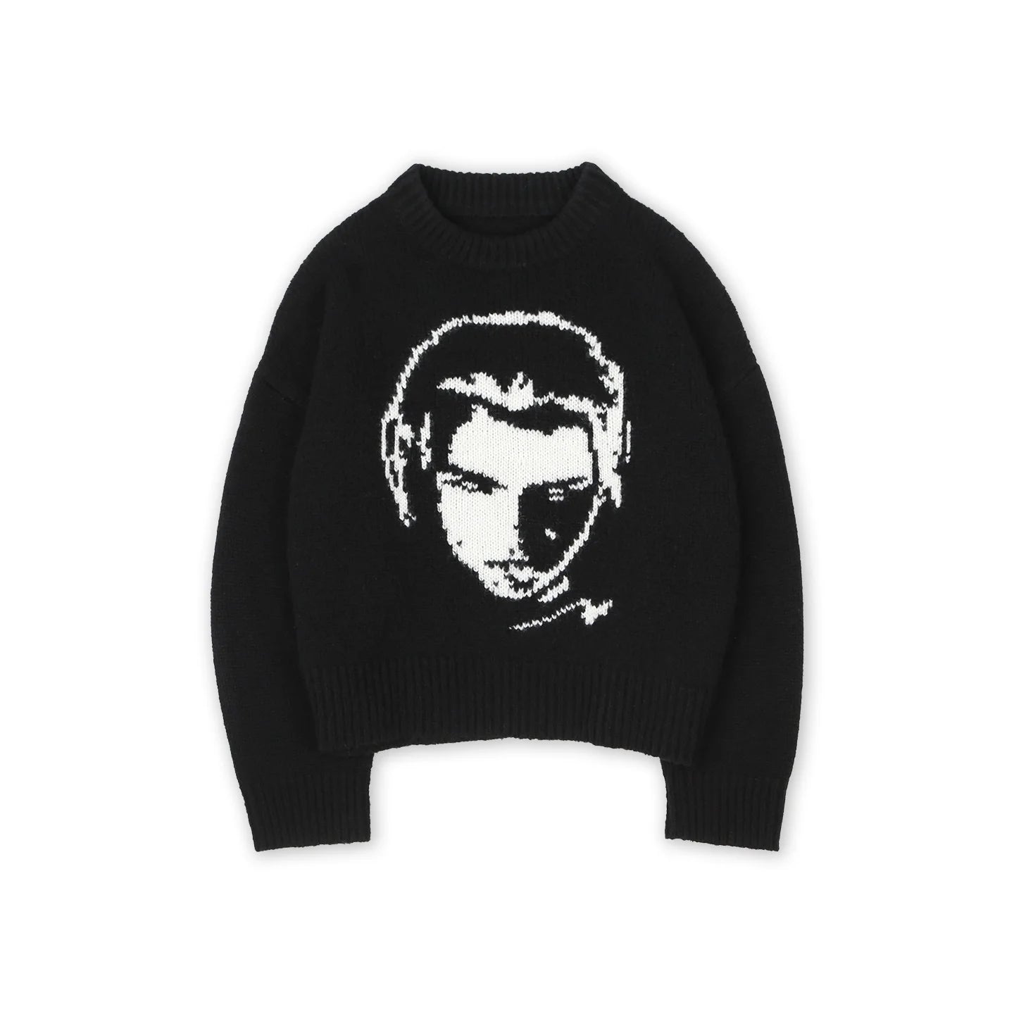 SOD Online Store Oversized Black Jacquard Mohair Sweater with Graphic Crewneck