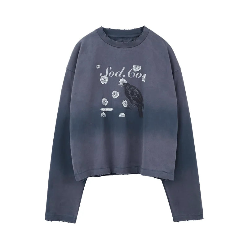 SOD Online Store Boxy Vintage-Washed Cotton Sweatshirt with Crow Graphic